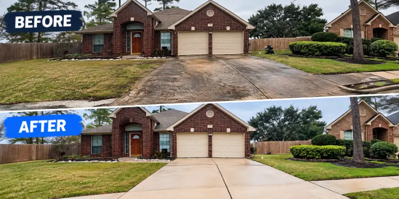 Before and after driveway pressure washing: dark algae and dirt stains removed from a two-car concrete driveway