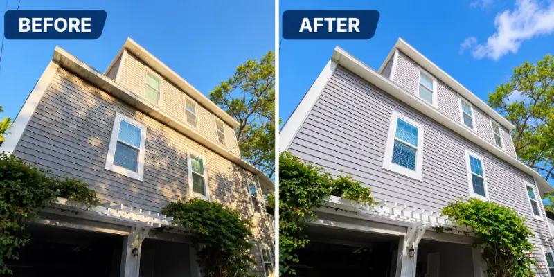 Before and after soft wash house washing on light gray lap siding with white trim, green algae and dirt removed