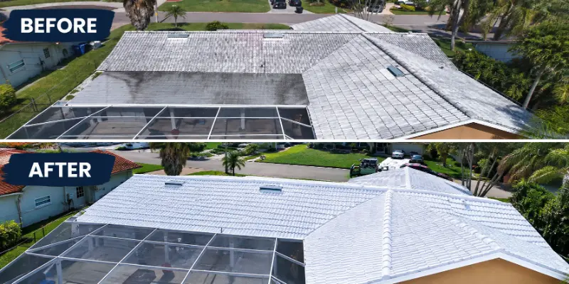 Before and after roof soft washing on a white tile roof with a pool cage, black algae streaks removed