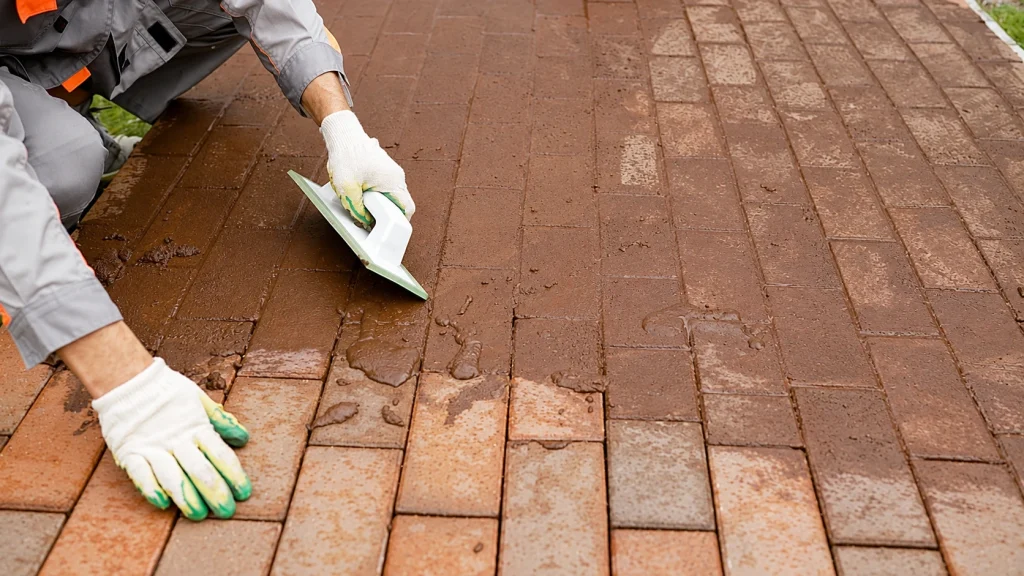 Technician in work gloves working joint sand slurry into red brick pavers with a float before sealing